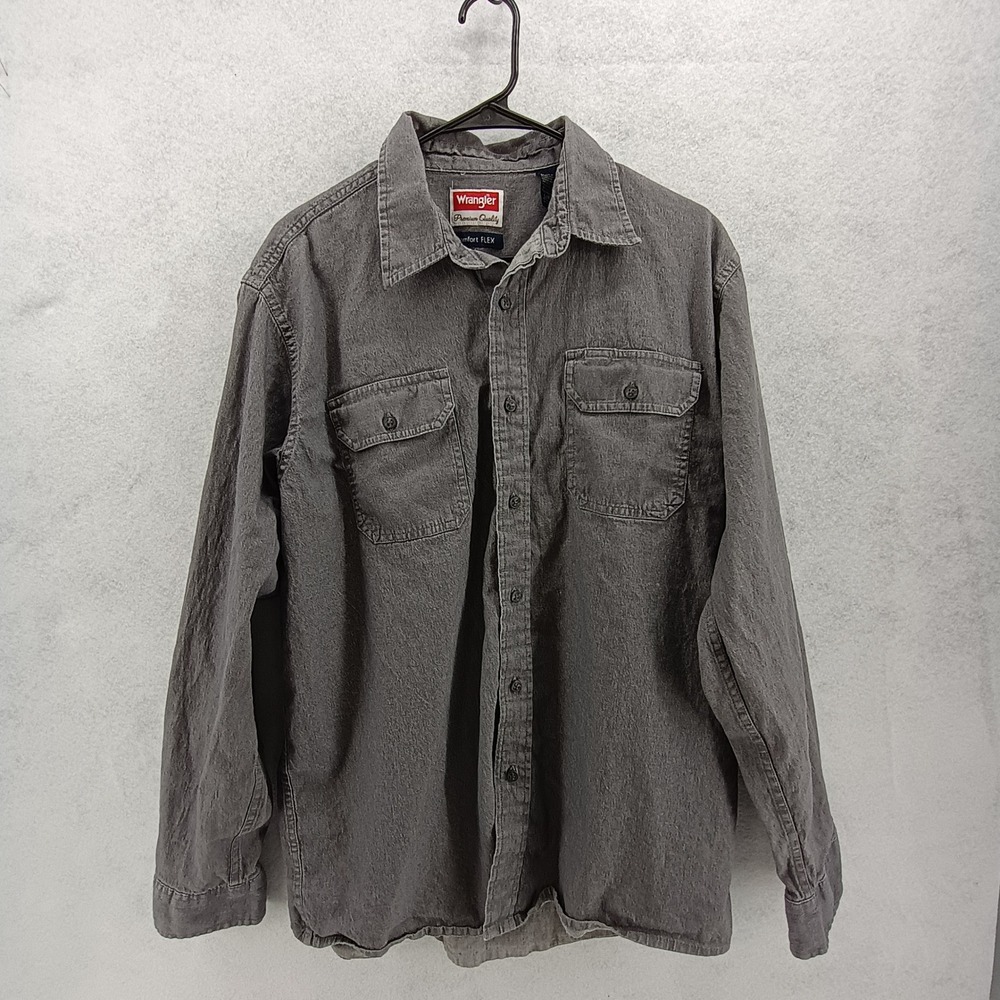 Wrangler Mens Sz L Comfort Flex Long Sleeve Button Down Shirt Gray Cotton